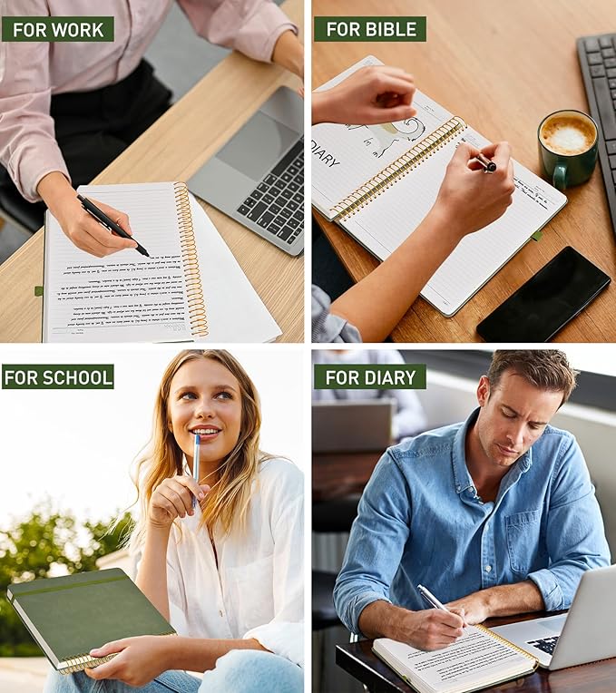 B5 Spiral Notebook Journal 7.6” x 10”, 300 Numbered Pages Hardcover Leather Journals for Women Men, Large Lined College Ruled Notebooks, 100GSM Thick Paper, Spiral Bound Journal for Work School, Green