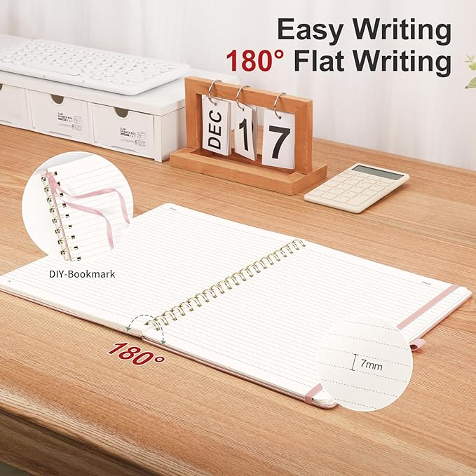 AHGXG Lined Spiral Notebook 8.5" x 11", A4 Large Notebook Journals for Women Men, Leather Hardcover, 100 GSM Thick College Ruled Paper, Notebooks for Work School Note Taking Writing, Rose Gold