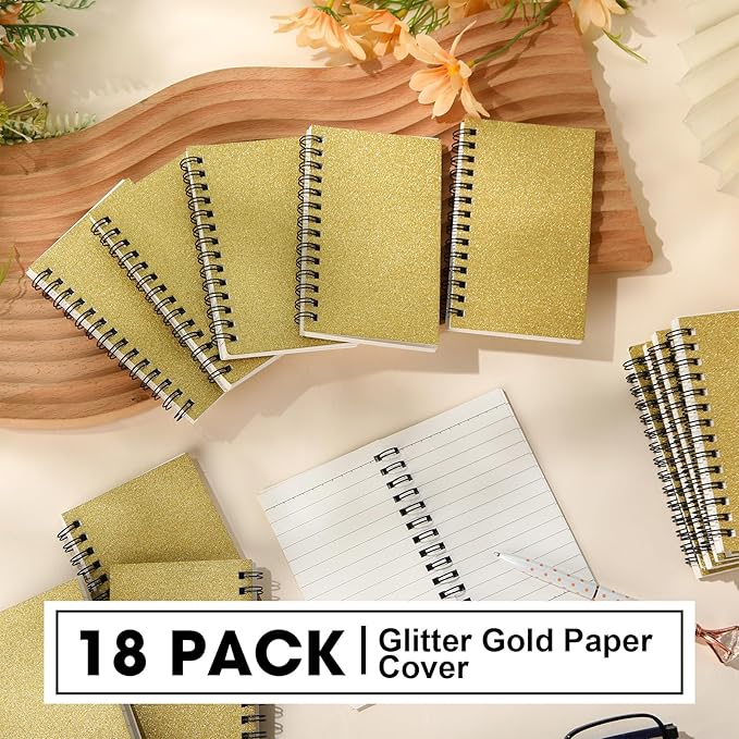 Jutom 18 Pcs Small Spiral Notebooks Memo Pads 3x5 Bulk Small Pocket Notebooks Mini Notepads with Lined Pages Mini Journals for Office Back to School Work Writing Supplies, 120 Pages (Gold)