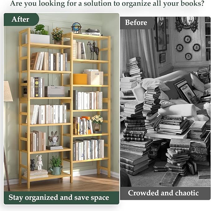 Homykic Double Wide Bamboo Bookshelf, 6-Tier Large Open Bookcase with 12 Display Shelves, 6ft Tall Freestanding Book Shelf for Home Office, Bedroom, Living Room, Plants, Natural
