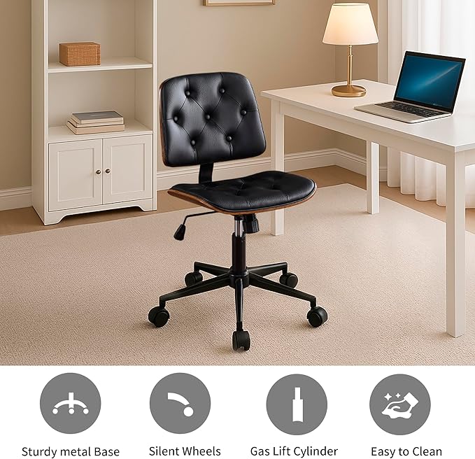 Small Home Office Chair – Armless Mid-Back Desk Chair with PU Leather, Adjustable Height, Swivel Wheels, Modern Walnut Legs for Small Spaces, Black