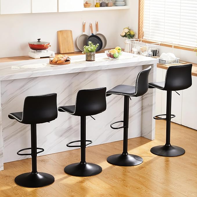 HeuGah Bar Stools Set of 3, Swivel Counter Height Barstools with Back, Adjustable Height 24" to 32", Black Faux Leather Bar Chairs for Kitchen Island (Black, Set of 3 (24'' to 32''))