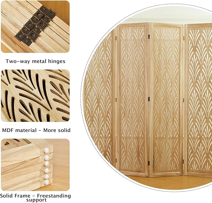 5.6Ft Room Divider Folding Wood Simple Carved Partition Screen for Home Office Garden - 6 Panels (Natural)