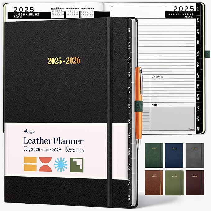Ensight 2025-2026 HARDCOVER Leather Planner Weekly & Monthly - 8.5x11 Inches - Academic Planner Business Personal or Student - Pen Holder, Thick Paper, July 2025 - June 2026 (Black)