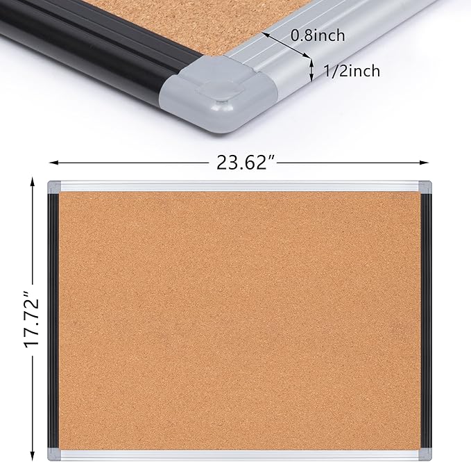 Board2by 2 Pack Cork Bulletin Board 24" x 18", Black/Sliver Aluminium Framed Corkboard, Office Board for Wall Decor, Large Wall Mounted Notice Pin Board with 36 Push Pins for School, Home & Office