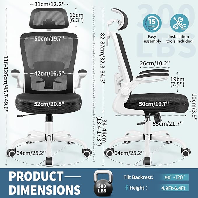 FelixKing Ergonomic Office Chair, Headrest Desk Chair with Adjustable Lumbar Support, Home Office Swivel Task Chair with High Back and Armrest, Adjustable Height Gaming Chair (White)