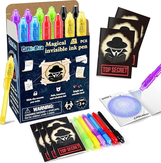 GIFTINBOX Invisible Ink Pens with UV light for Kids, Spy Pen Party Favors for Kids 8-12, 12 Pack Invisible Ink Pen and Notebook, Magic Marker for Secret Message Birthday Party Favors for Kid 4-8