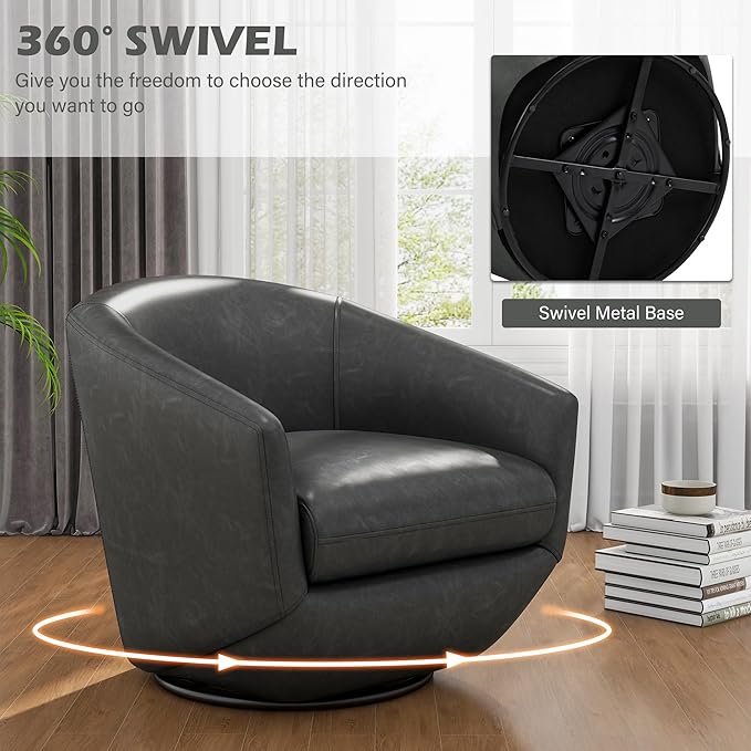 UIXE 360° Swivel Barrel Accent Chair, PU Leather Upholstered Club Armchair for Living Room, Modern Round Arm Chair Single Sofa Bedroom Reading Seating (Black)