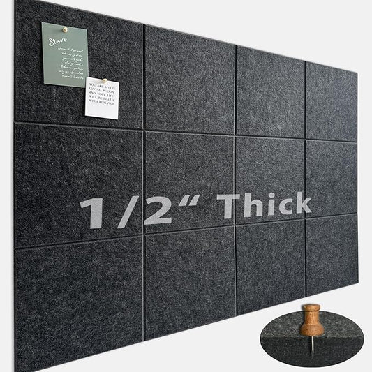 Large Cork Board for Office Wall Decor,48"x36"-12 Pack Felt Wall Tiles with Safe Removable Adhesive Tabs, 1/2" Thick, Felt Bulletin Board Pin Board Cork Boards for Walls - Dark Grey