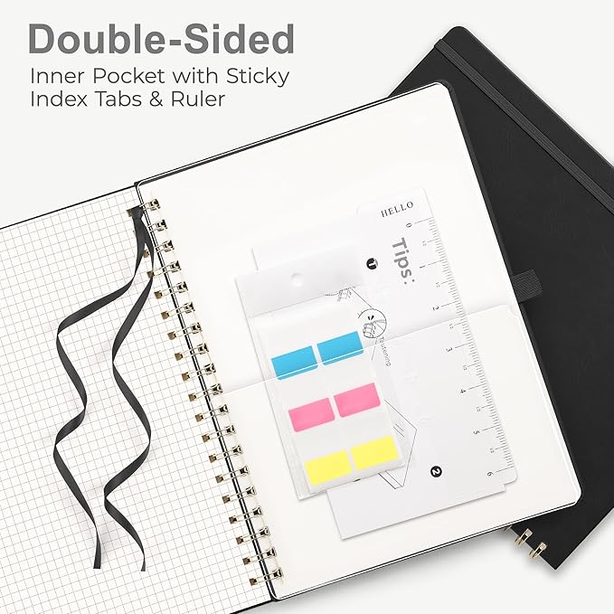 RETTACY Graph Grid Paper Notebook, 110 Pages, A4 Large Size (8.5'' × 11''), 5 Squares per Inch, Leather Hardcover, 100 GSM Thick Paper, for School, Students, Math, Engineering (Black)