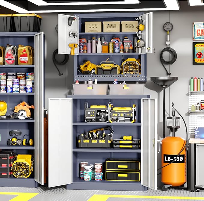 Greenvelly Metal Garage Storage Cabinet, Lockable Metal Cabinets with 2 Doors and Shelves,36”Steel Storage Locking Counter Cabinet for Office,Garage,Kitchen,Home,School(Grey White)