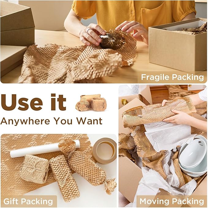 Honeycomb Packing Paper, 12"x400' Brown | Perforated Honeycomb Packing Paper Recyclable Moving Supplies for Shipping & Moving | Plastic-Free Alternative to Bubble Cushion Wrap with 36 Fragile Stickers