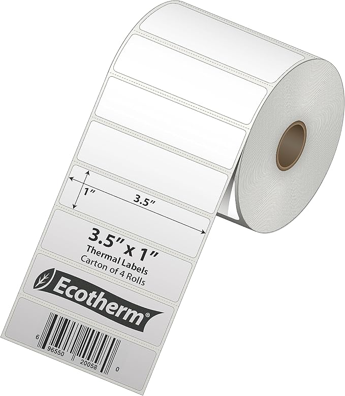 3.5" x 1" Thermal Labels | 4 Rolls | 5360 Labels | fits Zebra, Munbyn, Rollo, Godex, Arkscan, iDPRT, Offnova Thermal Label Printers and More | Blank White Adhesive Stickers by Ecotherm