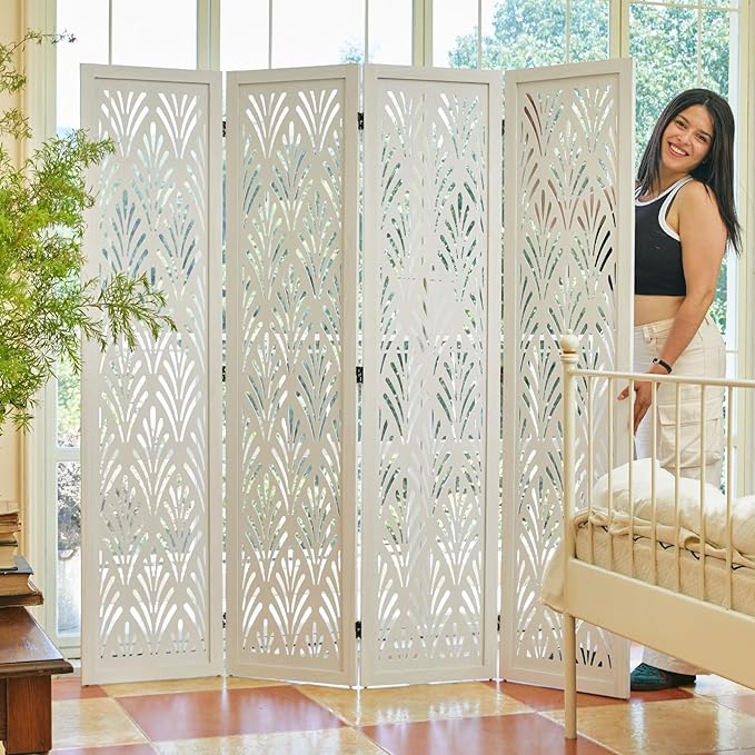5.6Ft Room Divider Folding Wood Simple Carved Partition Screen for Home Office Garden - 4 Panels (White)