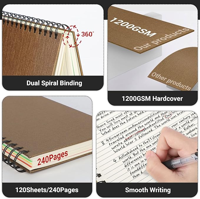 EUSOAR Spiral Notebook 5 Subject, 3pcs B5 7.3"x10.2" College Ruled Writing Pad, Thick Hardcover, 100GSM 120Sheets/ 240Pages of Lined Paper, for Journals, Students, Office and Business, Kraft