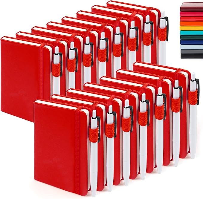 feela 15 Pack Pocket Small Notebooks Bulk, Mini Cute Notepads Hardcover College Ruled Lined Journals with Pen Holder for School Business Memos, with 15 Black Pens, 3.5”x 5.5”, A6, Red