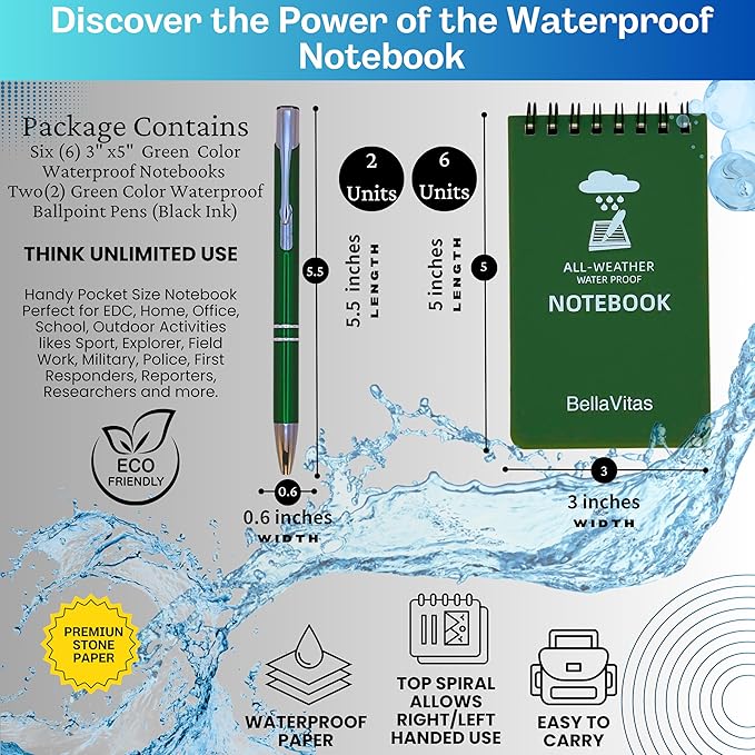 Waterproof 3x5 Notebook Pocket Notebook Small Spiral Notebooks Pocket Notepad Small Notepad 3x5 Pocket Notepad Police Notepad Tactical Notebook and All-Weather pen 6 Pack Green