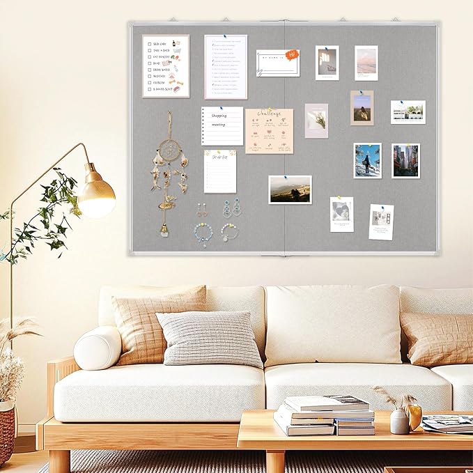 Double-Sided Large Cork Board with Linen, 60" x 40" Foldable Hanging Aluminum Framed Bulletin Board, Vision Board Pin Board Corkboards for Walls, Office, School Decor, 20 Pushpins