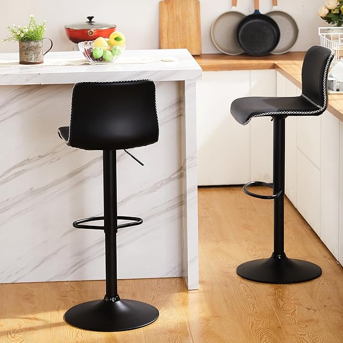 HeuGah Bar Stools Set of 6, Swivel Counter Height Barstools with Back, Adjustable Height 24" to 32", Black Faux Leather Bar Chairs for Kitchen Island (Black, Set of 6 (24'' to 32''))