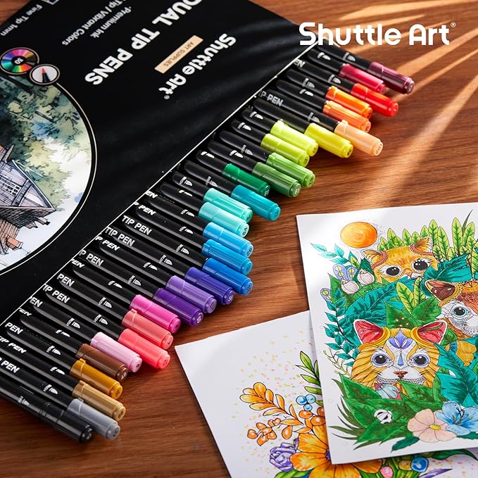 Shuttle Art Dual Tip Brush Marker Pens, 30 Colors Dual Tip Calligraphy Pens Fine and Brush Tip Markers Set, Water-based Ink Perfect for Kids Adult Artist Calligraphy Journal Doodling Writing