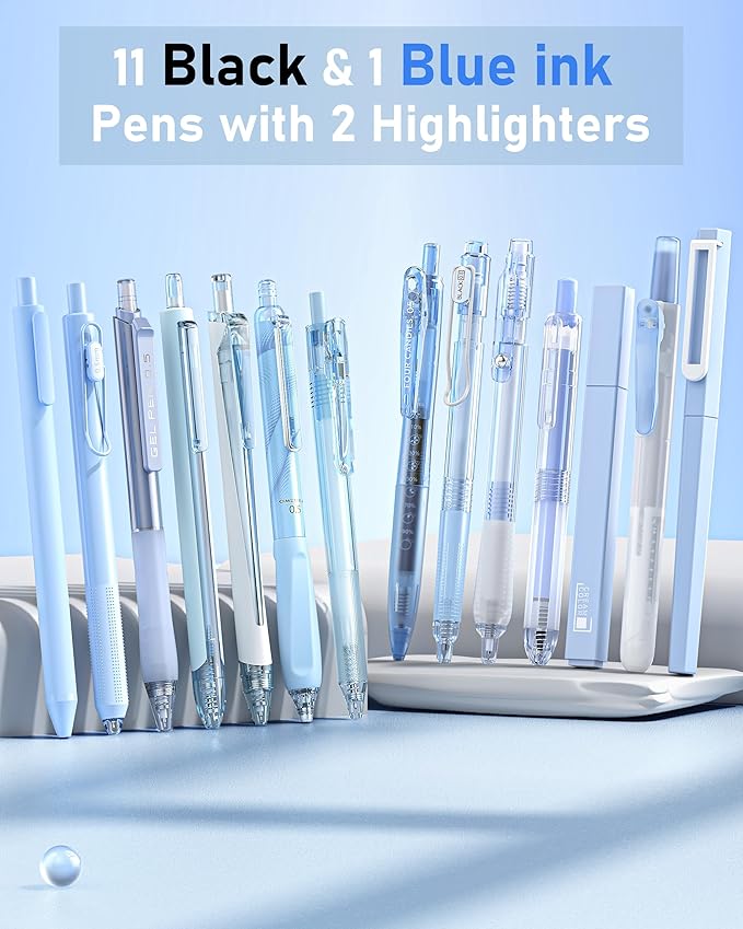 Four Candies 14Pack Pastel Gel Ink Pen Set,Cute Retractable 0.5mm Fine Point Pen,Note Taking Aesthetic Pens,12 Pack Black Ink Pens with 2Pack Highlighter, Smooth Writing Pens for School, Office (Blue)