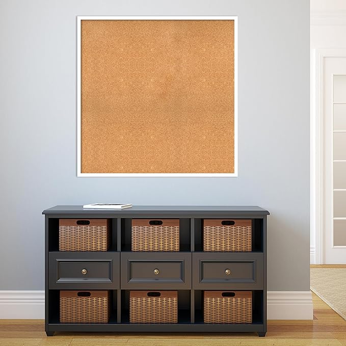 Amanti Art Natural Cork Board for Wall, 37x37 Vision Board with White Frame, Oversize Corkboard Office Decor for Home Organization, Modern Corkboard Pinboard to Display Items for Home Organization in