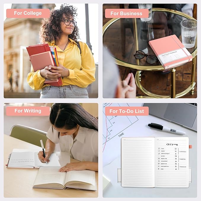 CAGIE Pink Journal Notebook for Women, 320 Pages College Ruled Notebook, 100 Gsm Paper Thick Lined Journal, A5 Hardcover Leather Journals for Writing, 5.7x8.3 In