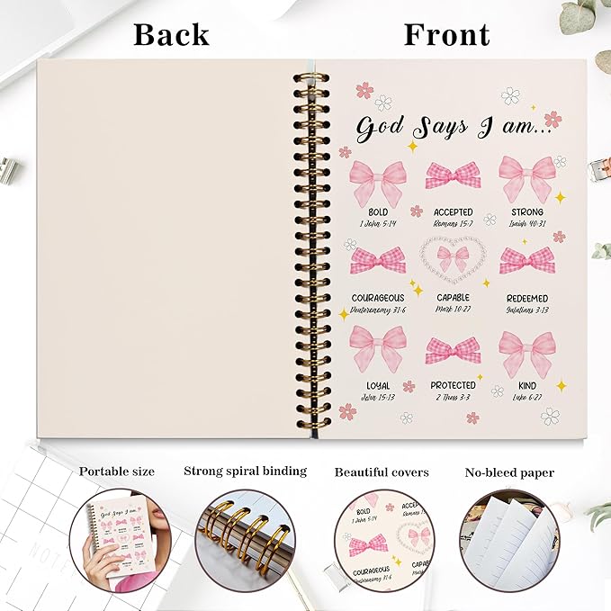 Bible Notebook, A5 Spiral Christian Journal with Floral Pink Butterfly Notebook, Bible Verse-God Says You Are, Inspirational Notebooks for Women, Bible Study, Gift for Birthday Christmas