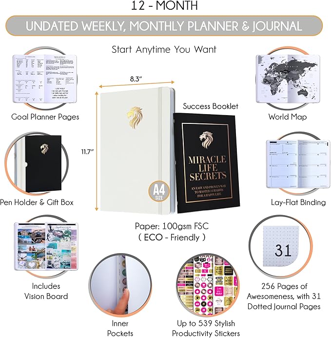 Life Planner - Undated Daily, Weekly & Monthly Planner with Budget Section | A 12 Month Journey to Increase Productivity & Happiness | Life Organizer & Gratitude Journal - Horizontal Format