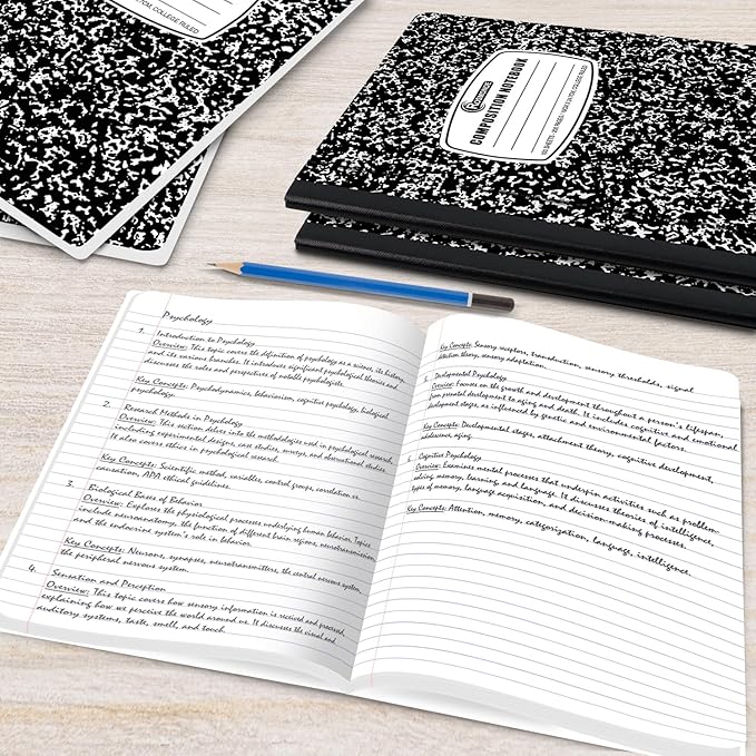 College Ruled Composition Notebooks 5 Pack, 200 Pages (100 Sheets), 9-3/4" x 7-1/2", White & Black Marble Composition Book, Hard Cover, Sturdy Sewn Binding, School, College & Office Supplies
