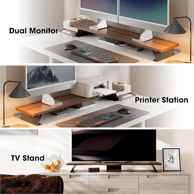 Fenge Dual Monitor Stand Riser, 42.5 Inch Desk Top Shelf for 2 Monitors, Computer Stands for Desk, Wood & Steel Desktop Riser for Laptop, PC, Printer