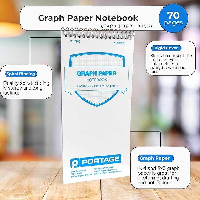 Portage Graph Paper Notebook – Top Bound Spiral Grid Notepad, Small Graph Notebook Writing Pad, Grid Paper, Reversible 4 Square / 5 Square with Notes Template, Extra Thick Cover For Extra Stability –