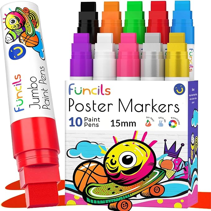 10 Jumbo Acrylic Paint Markers - 15mm Fat Acrylic Paint Pens for Canvas, Rock Painting, Wood, Plastic, Glass - Large Thick Permanent Pens for Signs, Board, Calligraphy, Poster Markers