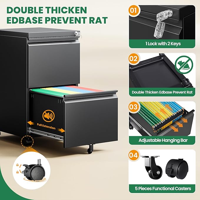 2 Drawer Locking Under Desk Metal Storage Cabinet on Wheels for Legal/Letter/A4 Files (Fully Assembled, Black)