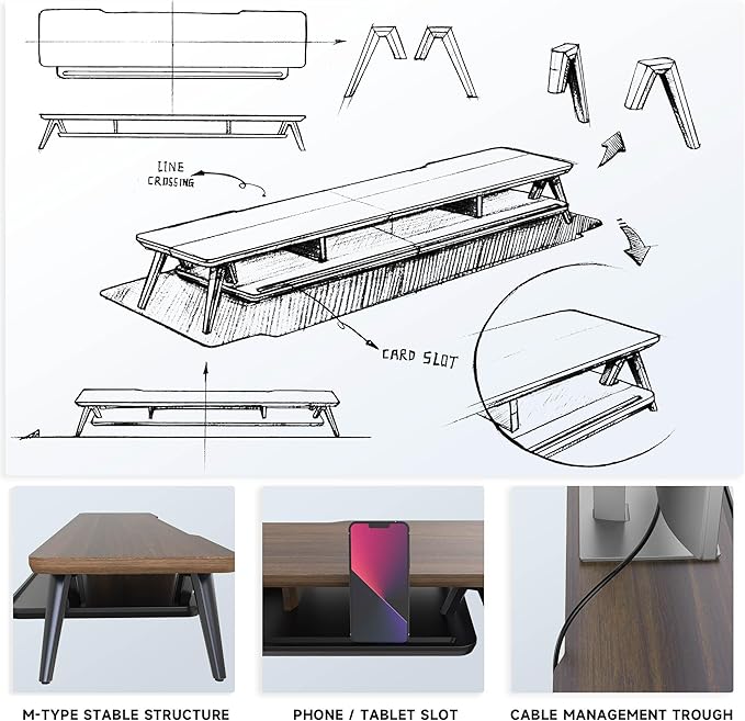 Fenge Dual Monitor Stand, Monitor Stands Riser for 2 monitors, 42.5 Inch Wood Desk Shelf with Storage Organizer and Cable Management for Office Desk Accessories