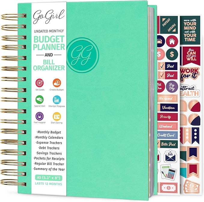 GoGirl Budget Planner & Monthly Bill Organizer – Monthly Financial Book with Pockets. Expense Tracker Notebook Journal, Compact (Mint Green)
