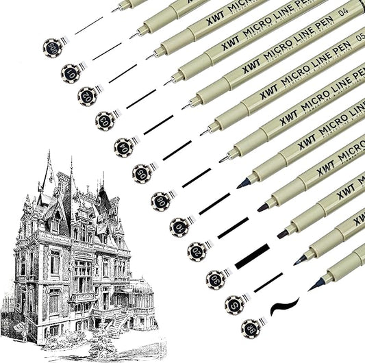 Micro Fineliner Pens 12 Size/Set, Ultra Fine Fineliner Pen, Chisel Pens, Brush Marker Pen, Water-based Black Pigment Ink, Drawing Journaling Doodle Supplies for Artists, Designers, Students