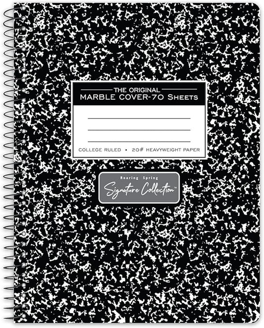 ROARING SPRING Signature Collection College Ruled Spiral Wirebound Composition Book, 9.75" X 7.5" 70 Sheets, Black Marble Cover