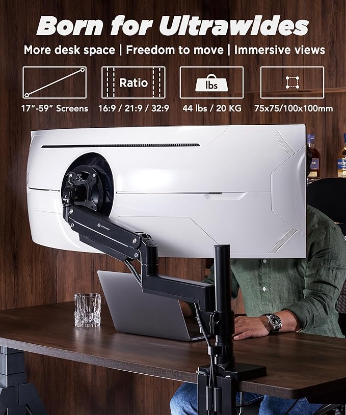 Heavy Duty Monitor Arm for Ultrawide Monitors up to 57" and 44 lbs, Single Desk Stand, Pneumatic Height Adjustable, Modular Extension Arms - Max VESA 100x100, Black, MA20P-S