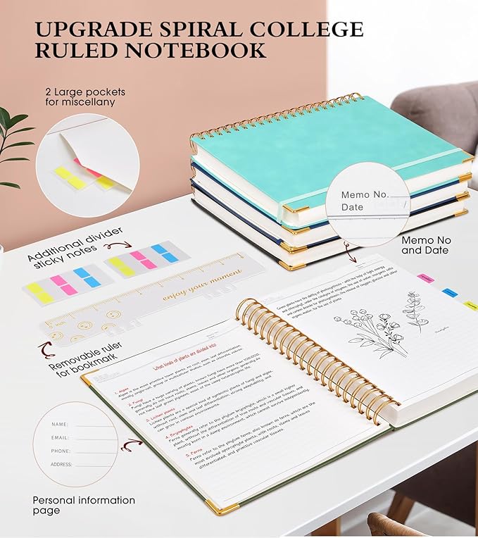 Spiral Notebook Journal 5.75” x 8.38”, 300 Pages Hardcover Leather Lined Journals for Women Men, A5 Small College Ruled Notebooks with 100 GSM Thick Paper, Spiral Journal for Writing Work, Olive Green