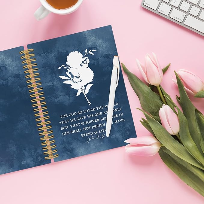 XPH Blue Christian Spiral Notebook, John 3:16 Bible Verse Journaling Notebooks for Women, Floral Religious Hardcover Journals for Writing 160 Pages 5.5 x 8.3 Inch, Christian Gifts for Women