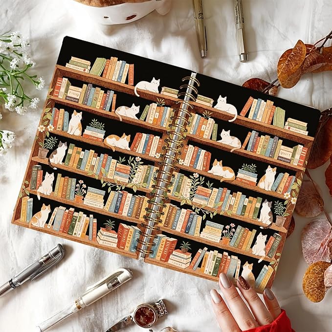 LIANHW Cat Bookshelf Notebook, Books Lover Gifts Notebooks for Note Taking, Reading Journals for Book Lovers, Cute Kitten Bookish Journals for Writing, Book Reader Gifts, 5.5x8.3 Inch