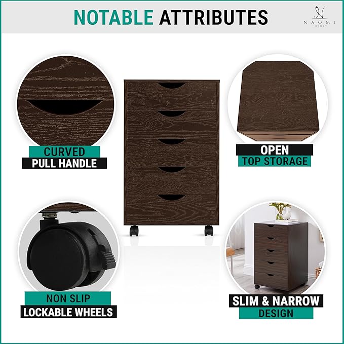 Naomi Home Wooden Office File Cabinets for Home Office, Lateral File Cabinet, Mobile Storage Cabinet Filing Storage Drawer Espresso/5 Drawer