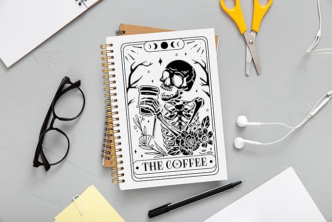 The Coffee Tarot Journal Notebook - Coffee Lover Gifts, Tarot Lover Gifts, Gothic Skeleton Notebook, Witchy Journal, Witchy Gifts for Women, Gothic Office Supplies, Spiral Notebook 5.5x8.3