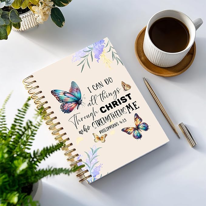 Bible Notebook, A5 Spiral Christian Journal Butterfly Notebook, Bible Verse-I Can Do All Things Through Christ Who Strengthens Me, Inspirational Notebooks for Women, Gift for Birthday Christmas