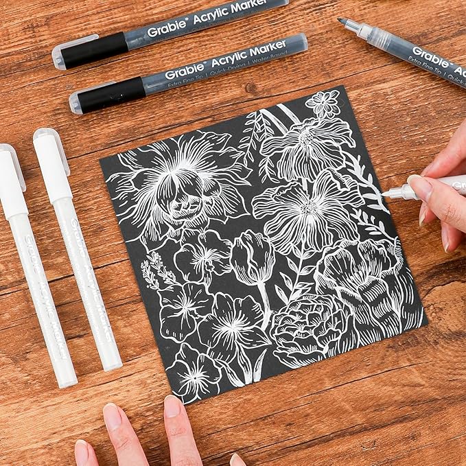 Grabie Black & White Extra Fine Tip Acrylic Paint Marker Set, 6 Pack, 0.7mm Acrylic Paint Pens for Highlights and Fine Details on Drawings, Rock Painting Glass Canvas Wood, White Highlight Markers