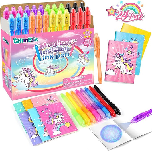 GIFTINBOX Unicorn Party Favors for Kids 4-8, 24Pack Invisible Ink Pen and Notebook, Invisible Ink Spy Pen with UV light for Kids, Classroom Prize Goodie Bag Stuffers Unicorn Toys for Kids Girls