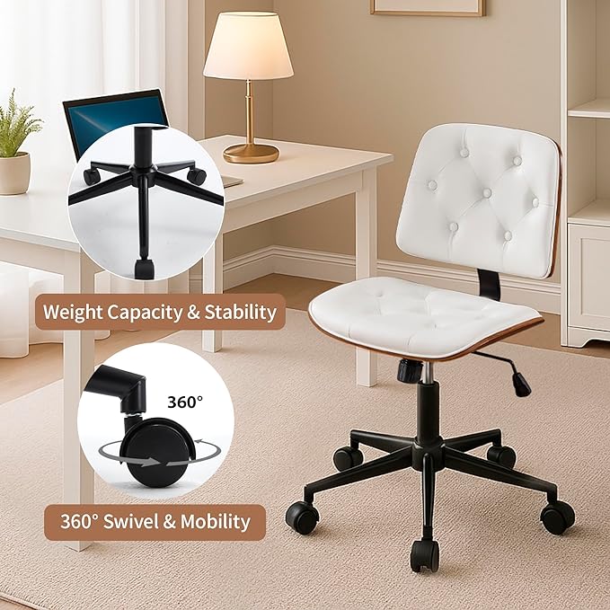 Small Home Office Chair – Adjustable Height, Armless PU Leather Mid-Back Desk Chair with Swivel Wheels, Walnut Finish, Perfect for Study or Bedroom, White