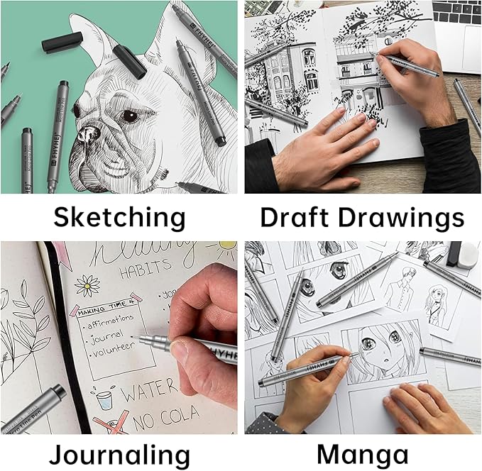 Micro Fineliner Drawing Art Pens: 6 Black Fine Line Ink Set Artist Supplies Archival Inking Markers Liner Professional Sketch Outline Anime Sketching Artist Illustration Watercolor