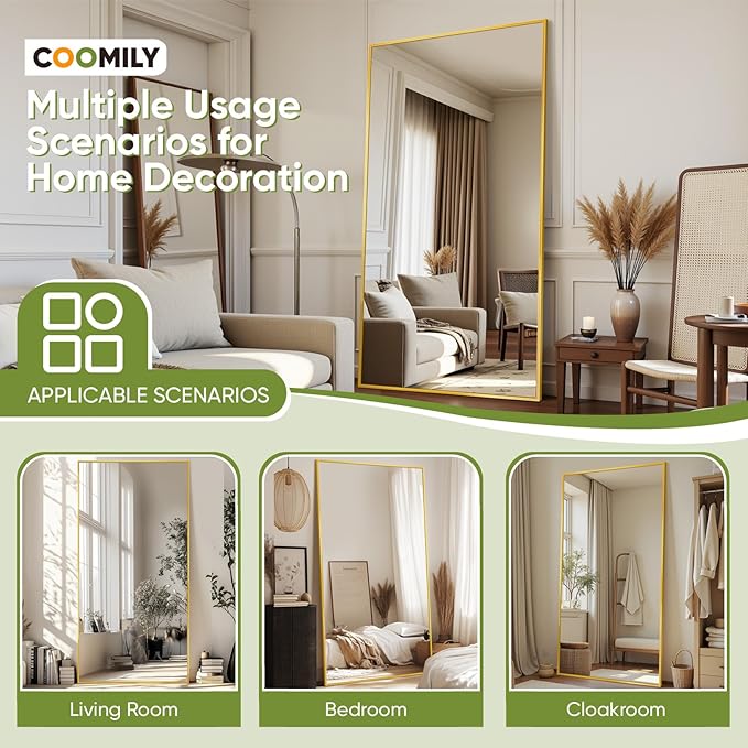 Full-Length Floor Mirror with Stand, 58"x18" Rectangle Style Full Body Standing Mirror for Bedroom, Living Room, Gym, Dorm - Shatter-Resistant & Easy Assembly, Gold